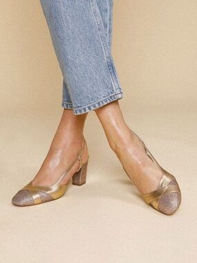 ROUJE gillian gold with metallic silver woven sparkly slingback pumps block heel
